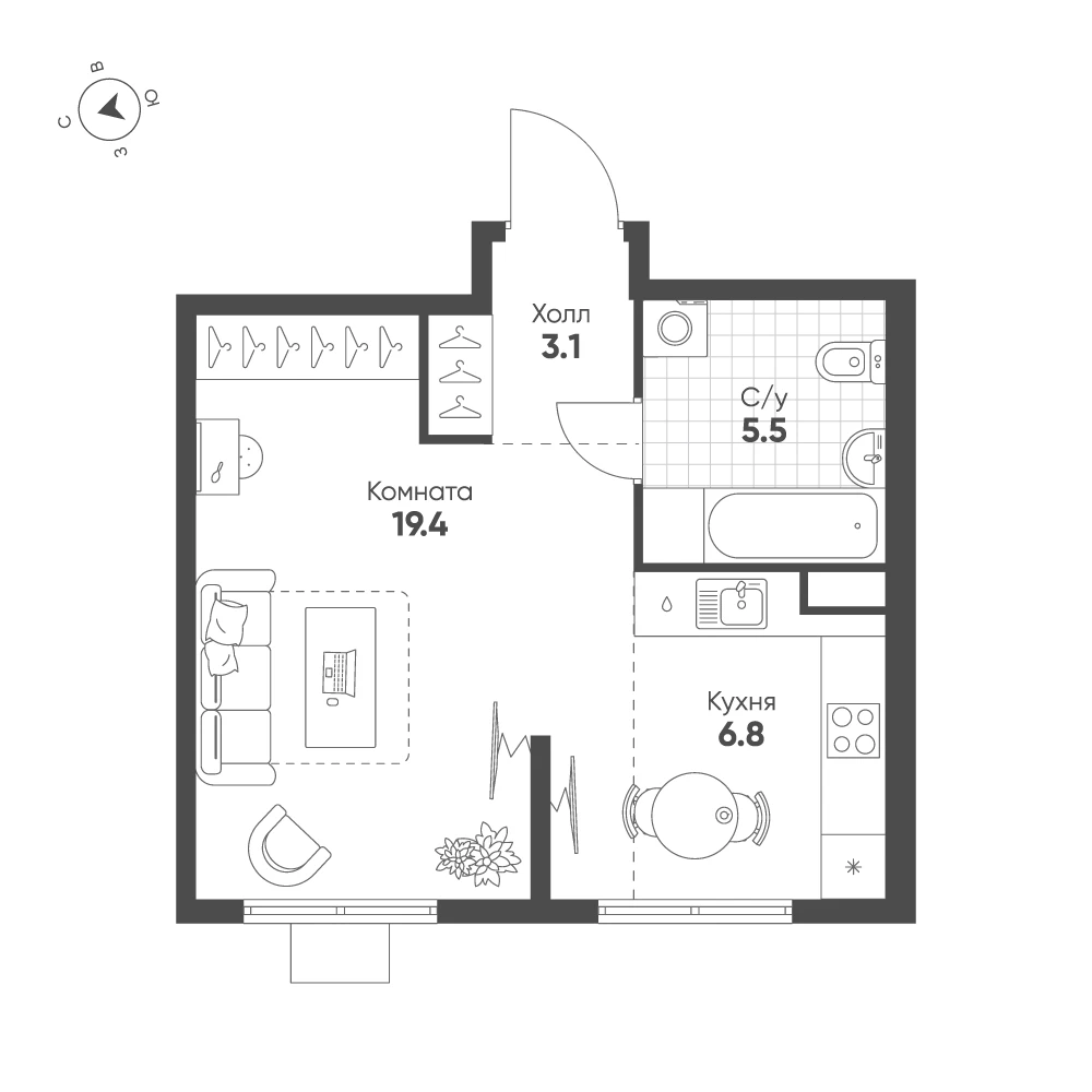 План однокомнатной квартиры 34,8 м²