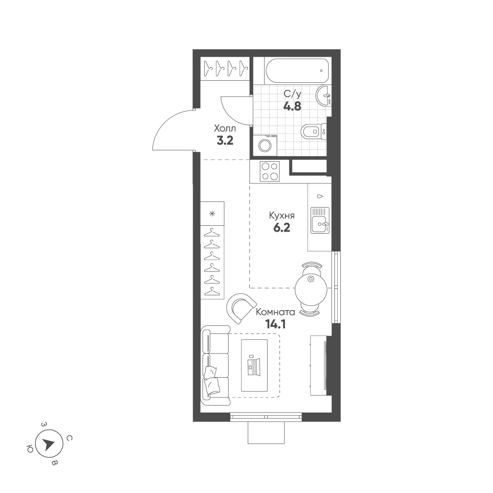 План студии 28,3 м²