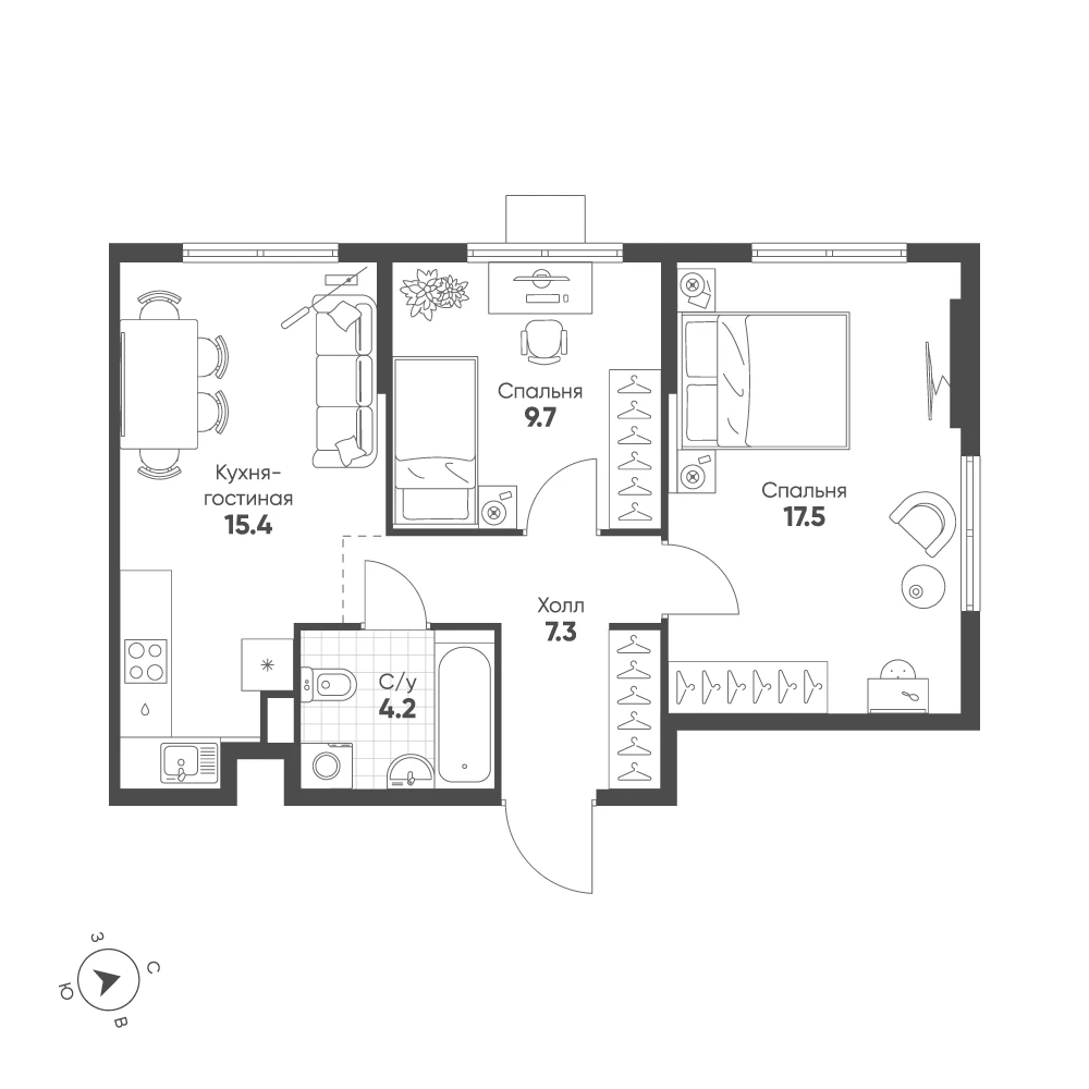 План двухкомнатной квартиры 54,1 м²